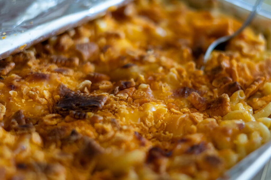closeup shot of baked mac and cheese