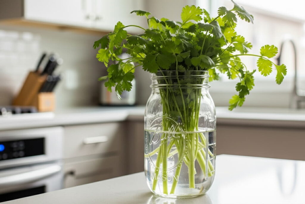 fresh cilantro in a mason Jar inside a kitchen