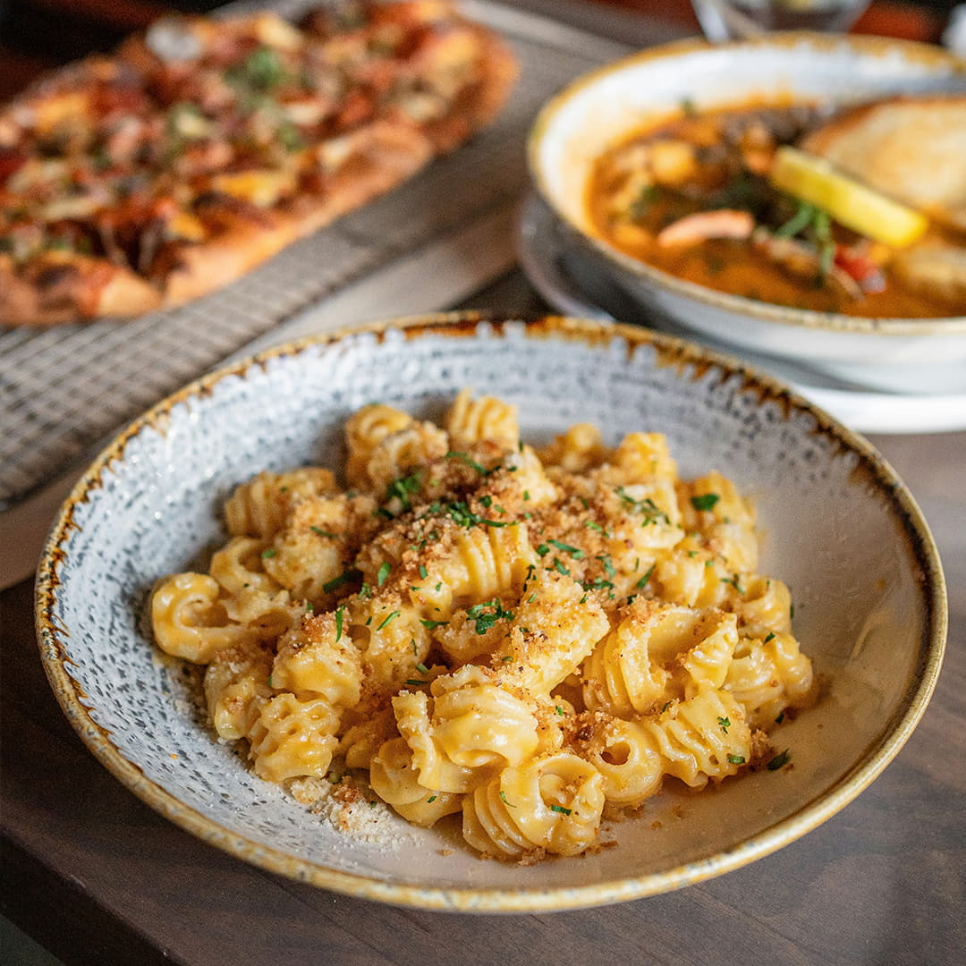 overhead shot of fancy mac and cheese