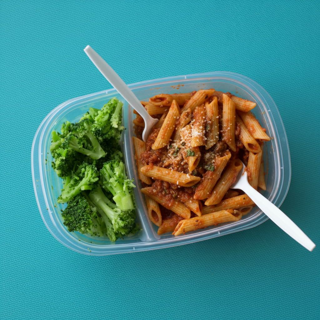 overhead shot of leftover pasta in a container