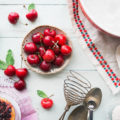 Cherries in a bowl on a table