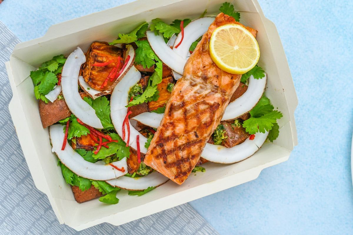 Salmon Salad in a Carboard Box