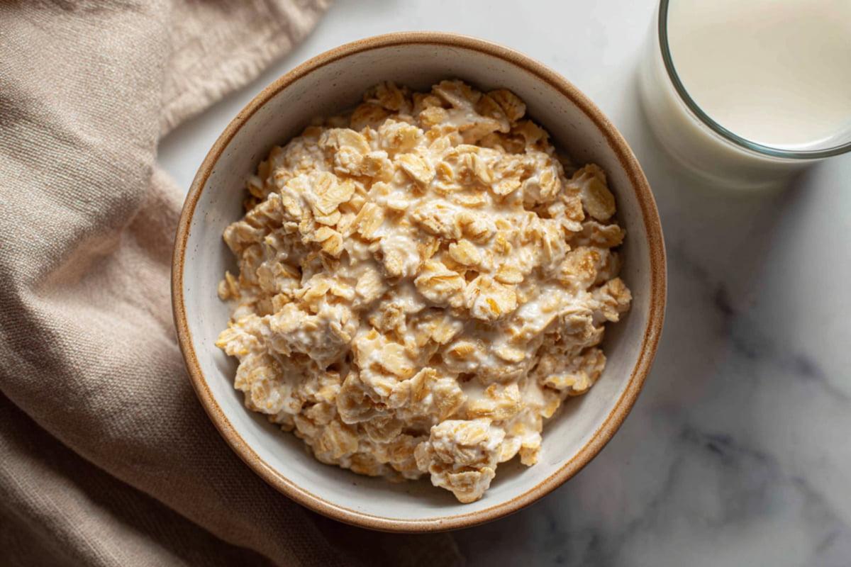 liquid-important-for-reheating-oatmeal Overhead shot of cold oatmeal beside a glass of milk.