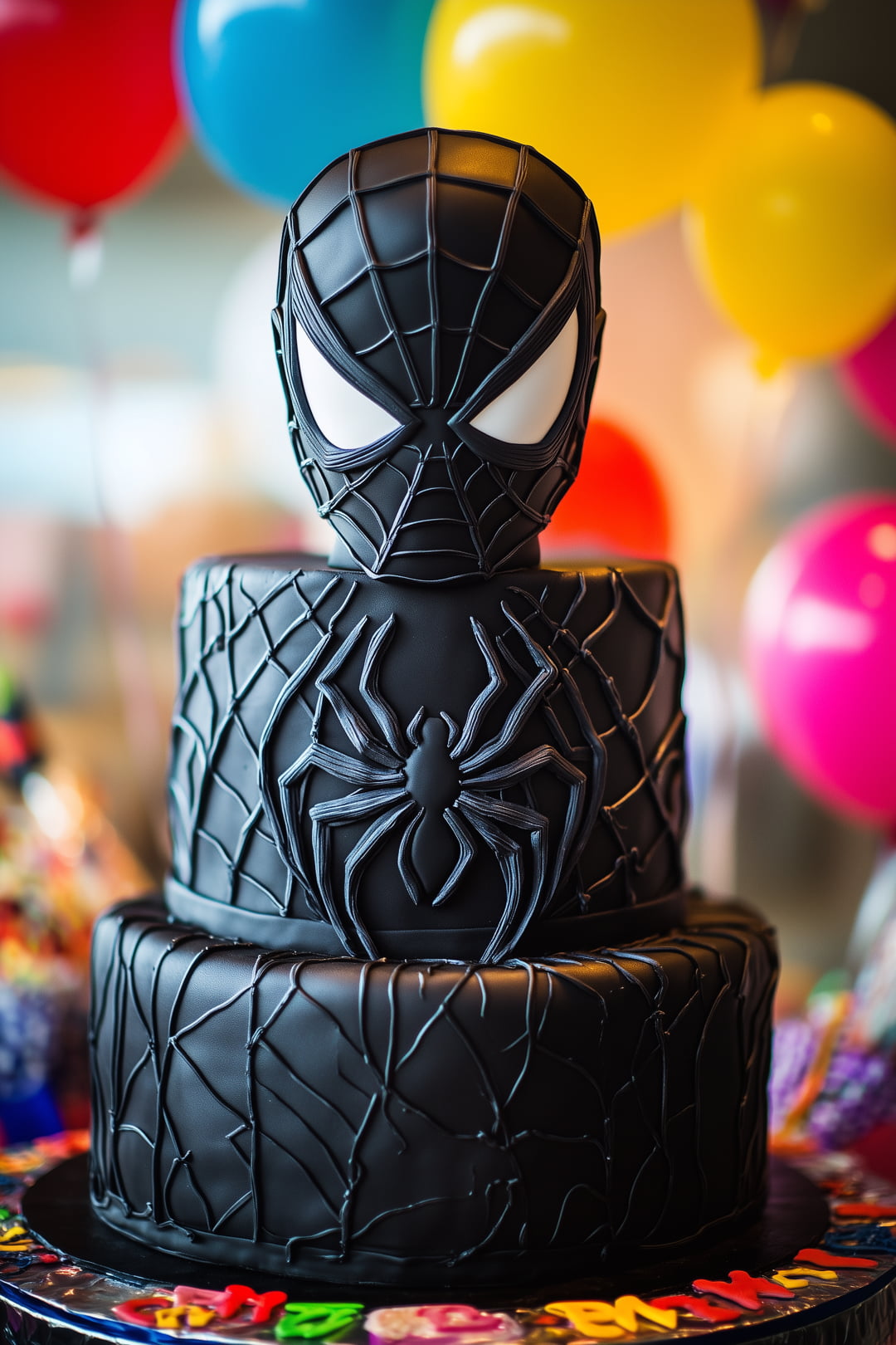  all-black Spider-Man cake with sculpted face, cascading spiderwebs