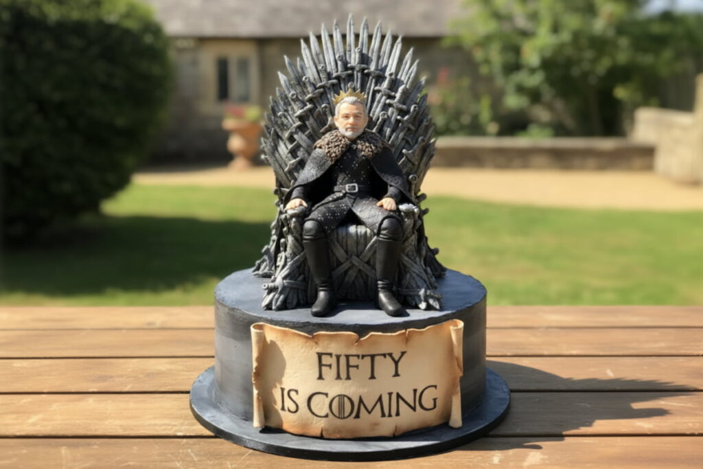 Fondant Game of Thrones cake featuring a man sitting on the Iron Throne with “Fifty Is Coming” topper