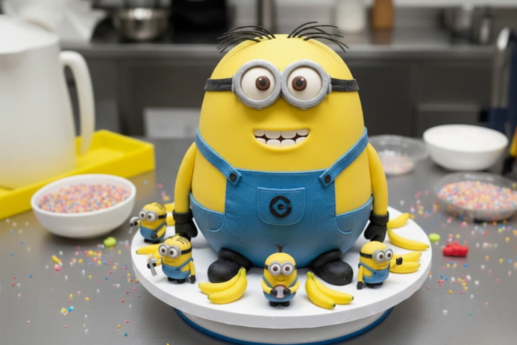 large minion fondant cake on a kitchen counter