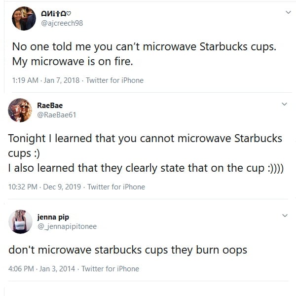 Twitter Screenshots of Starbucks Cups catching fire.