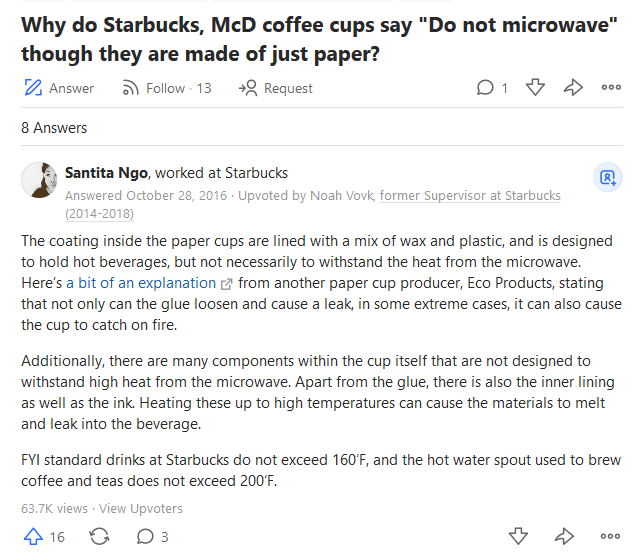 Screenshot of a Quora answer to "Can Starbucks Cups be Microwaved?"