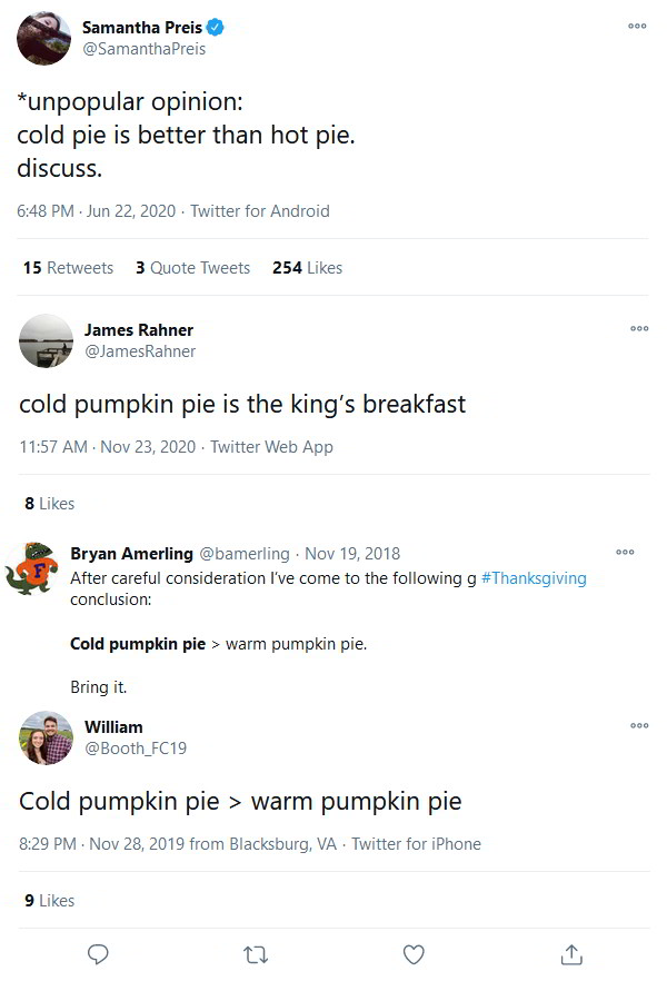 Twitter Reacts to Eating Cold Pumpkin Pie