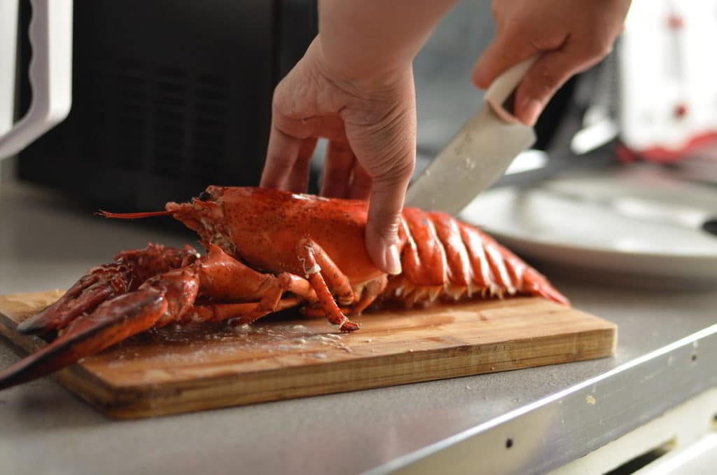 Lobster on a cutting board being cut open