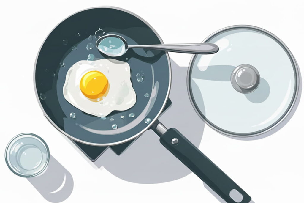 illustration of a fried egg in a non-stick pan, on the stovetop, with a spoon pouring water. This shows the steam method being the best for reheating eggs
