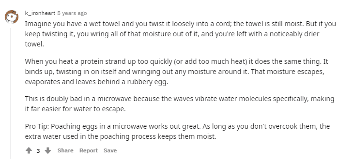 Reddit Comment Showing Why Eggs Turn Rubbery in the Microwave
