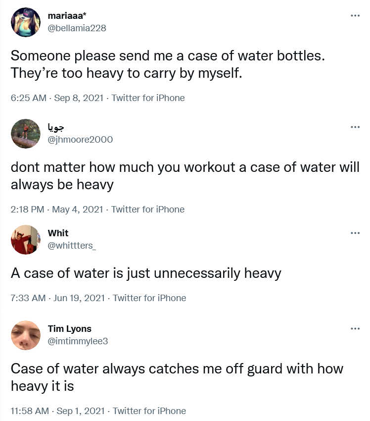 Twitter Reacts to How Heavy a Case of Water Is.
