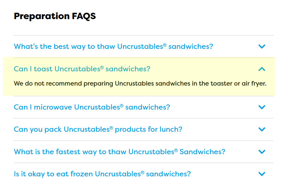 Screenshot from the official Uncrustables website showing Smucker’s warning that they do not recommend preparing Uncrustables sandwiches in the toaster or air fryer.