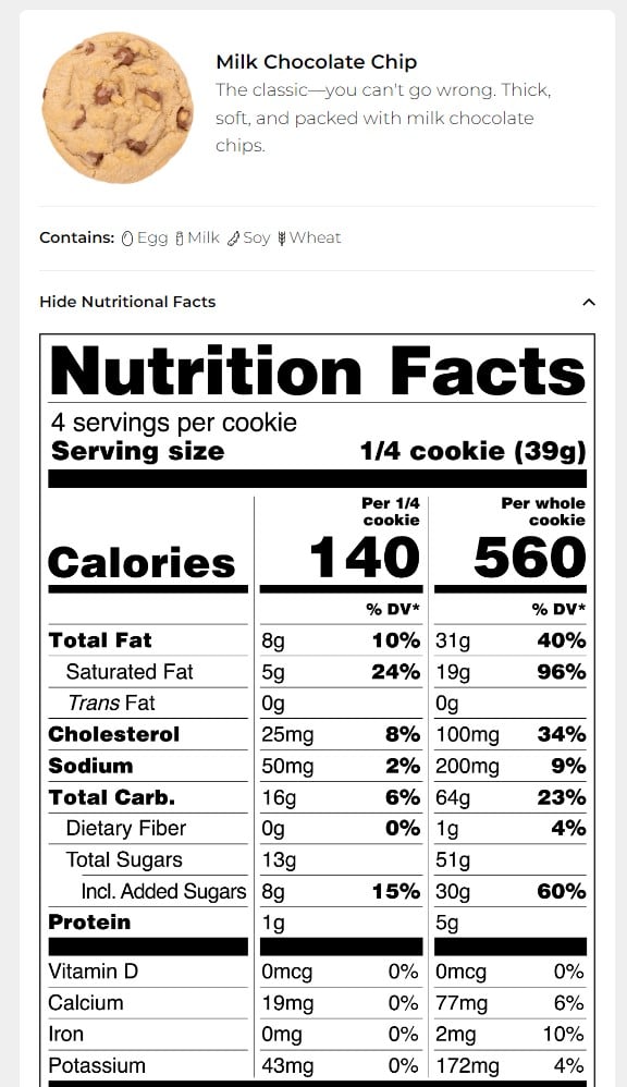 Crumbl Cookies Calories Chart