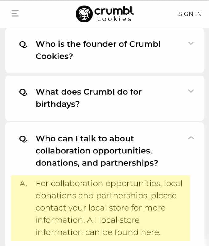 Crumbl website highlighting what they do with their leftover cookies