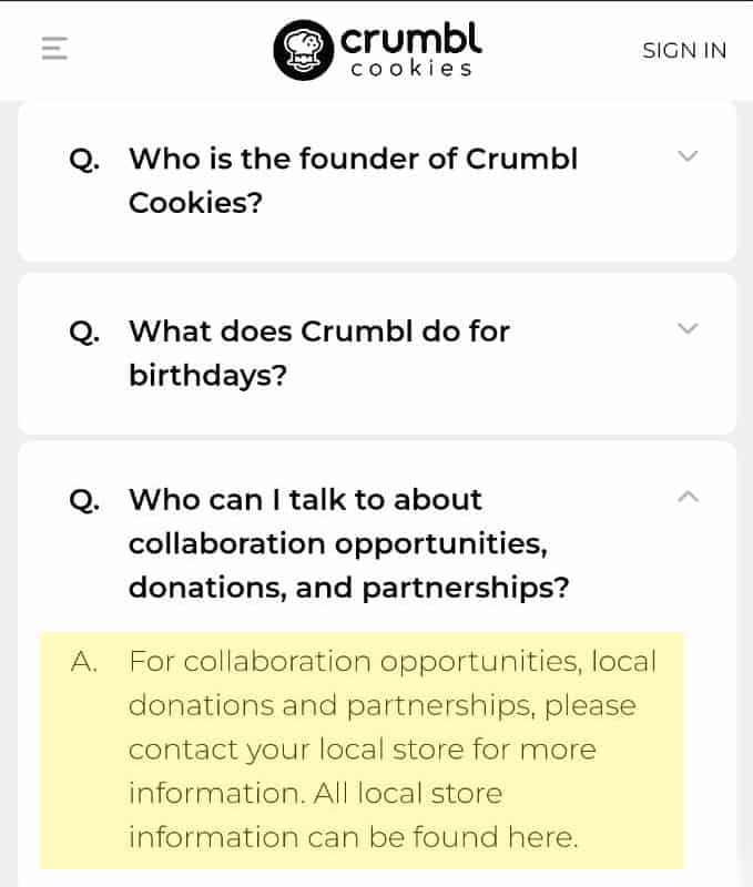 Crumbl website highlighting what they do with their leftover cookies