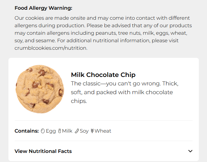 Crumbl's Food Allergy Warning