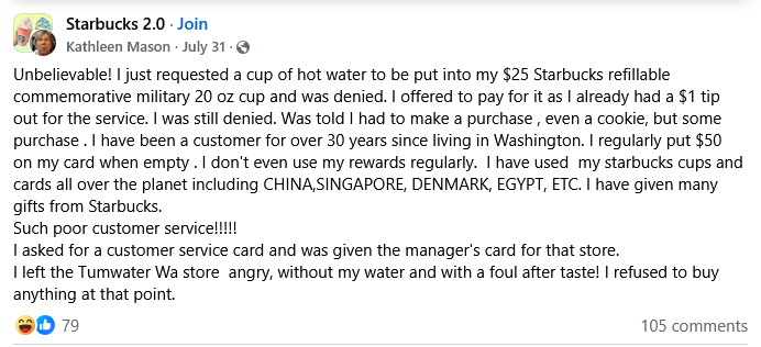 screenshot of customer upset at Starbucks hot water policy