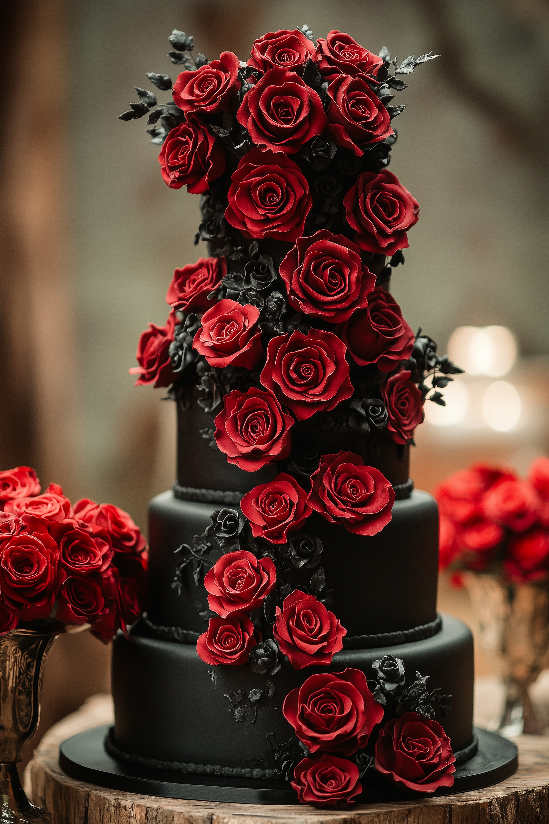 A striking all-black birthday cake adorned with vibrant red roses
