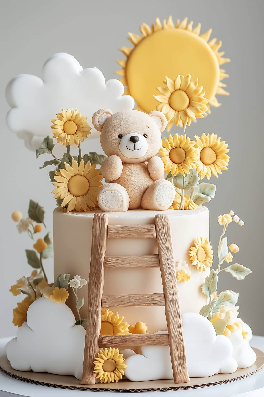 baby shower cake featuring a teddy bear surrounded by sunflowers