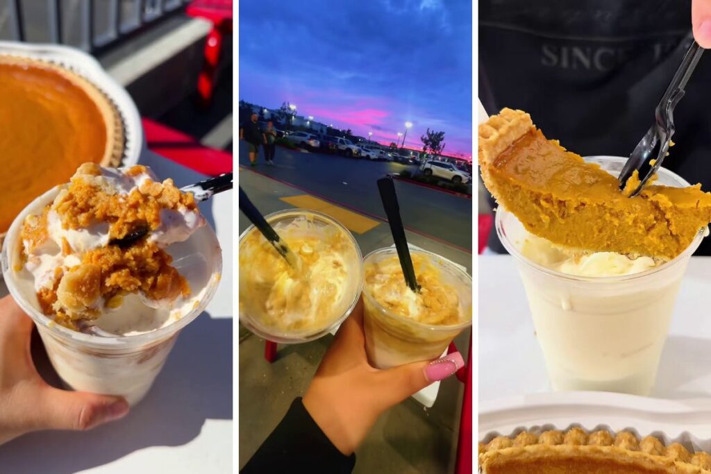 Collage of TikTok screenshots showing Costco’s viral Pumpkin Pie Sundae hack combining pumpkin pie and vanilla soft serve.