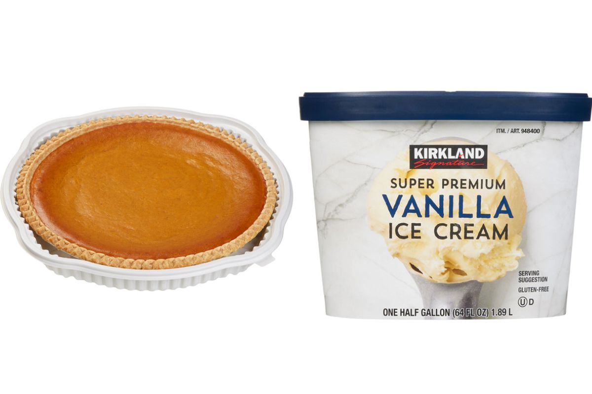 make-your-own-costco-pumpkin-pie-sundae Slice of Costco pumpkin pie served with Kirkland Signature vanilla ice cream to recreate the viral Costco Pumpkin Pie Sundae at home.