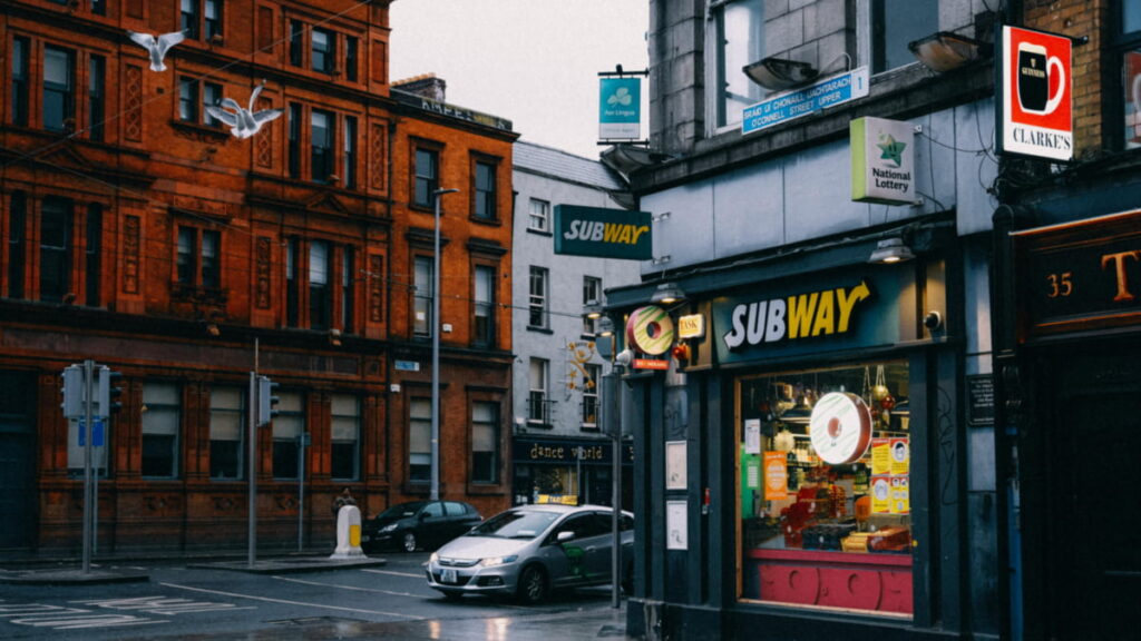 Subway sandwich shop in Dublin, Ireland, with the familiar bread aroma drifting into the city streets.