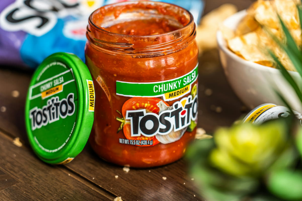 a bottle of Tostitos salsa, good sauce for eggs