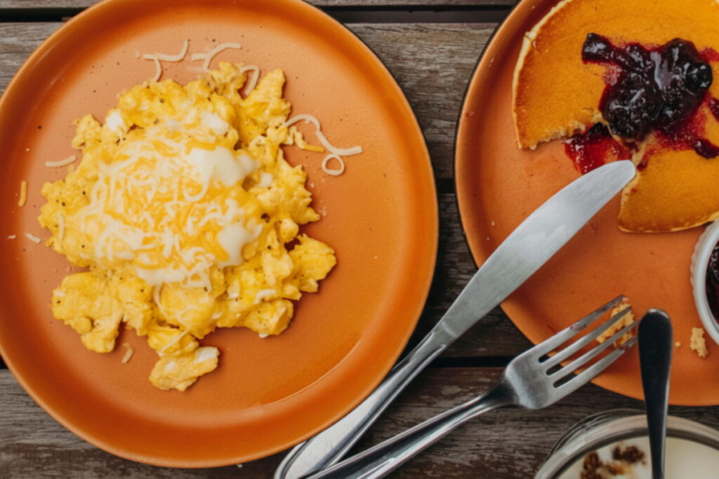 overhead shot of cheesy scrambled eggs