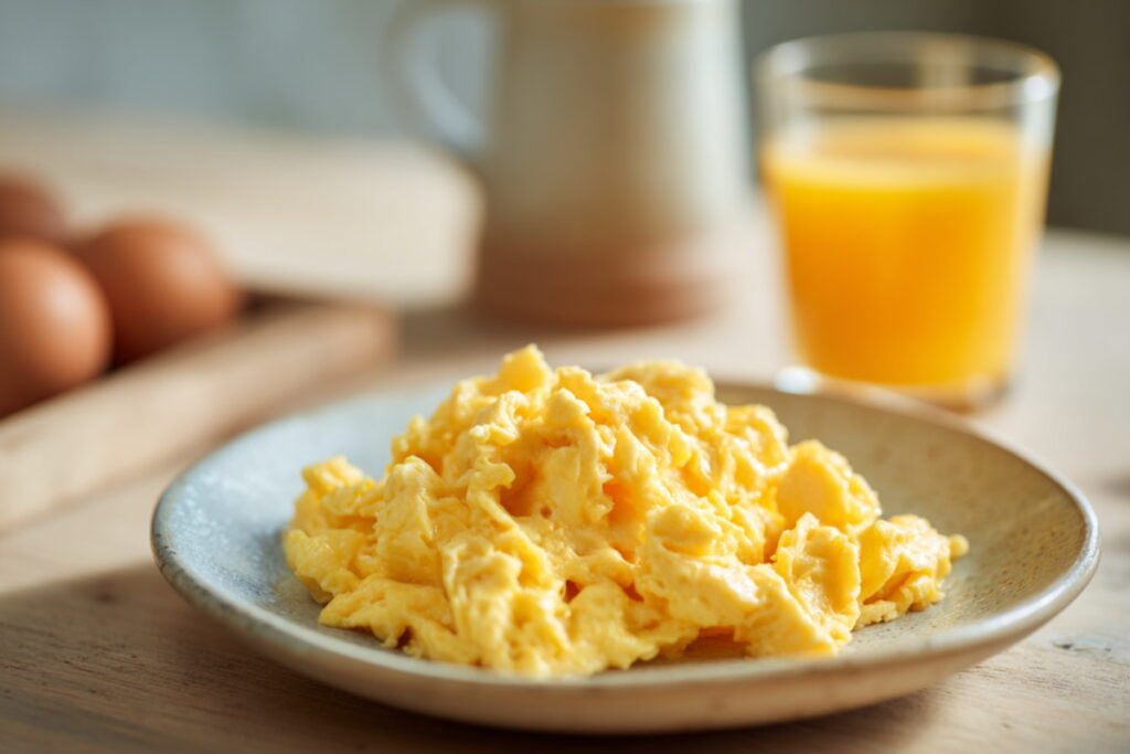 Soft scrambled eggs on a plate with a glass of orange juice in the background