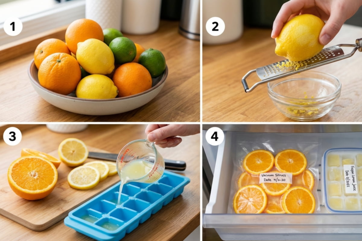 step-by-step process shown for freezing citrus: oranges, lemons and limes
