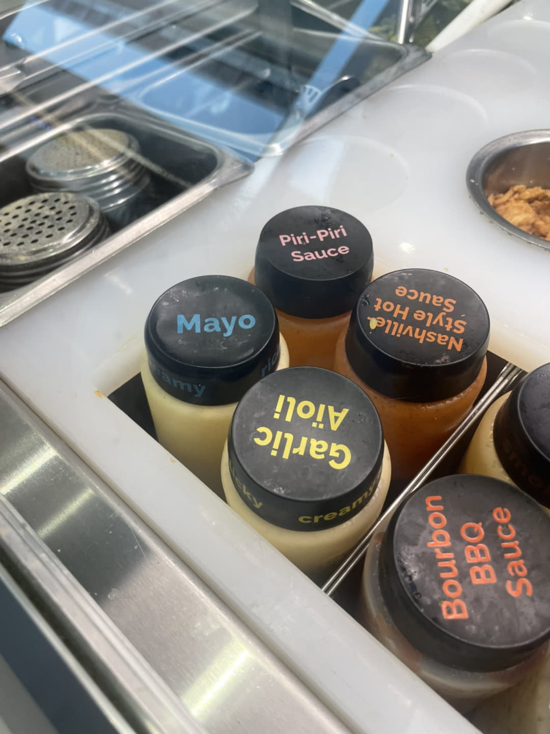 overhead shot of different subway sauces