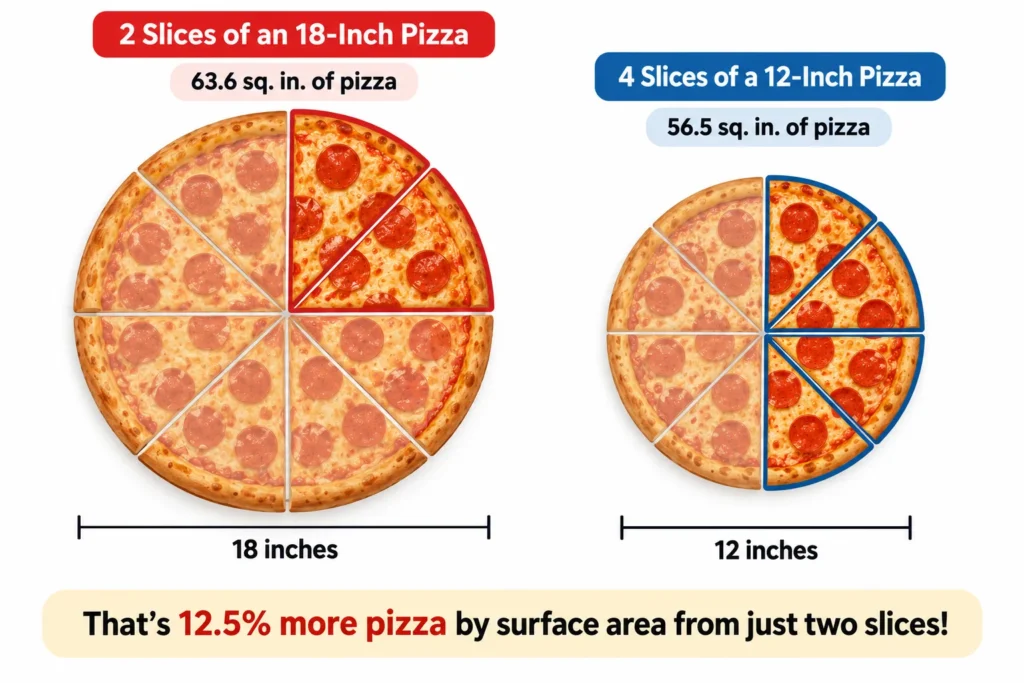 Side-by-side infographic comparing two slices of an 18-inch pizza (63.6 square inches) with four slices of a 12-inch pizza (56.5 square inches), showing how larger slices can provide more pizza.