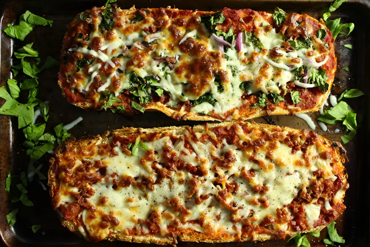 Sliced French bread topped with pizza sauce, melted mozzarella and sausage
