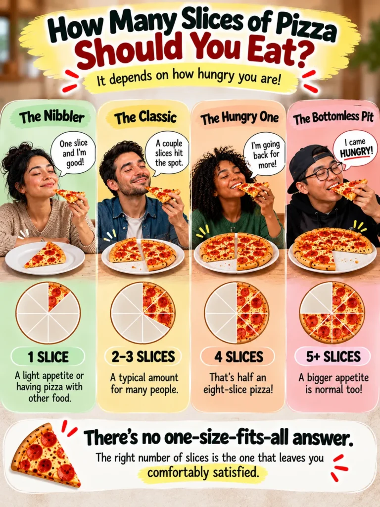Infographic showing four people eating different amounts of pizza: 1 slice, 2–3 slices, 4 slices, and 5 or more, illustrating how pizza portions vary with appetite.