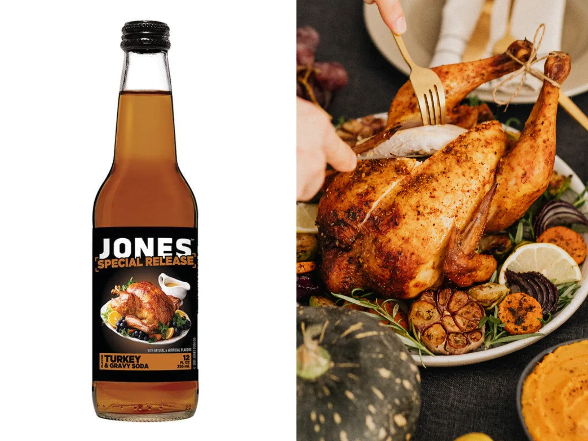 Bottle of Jones Soda Turkey & Gravy, a Thanksgiving-inspired novelty soft drink.