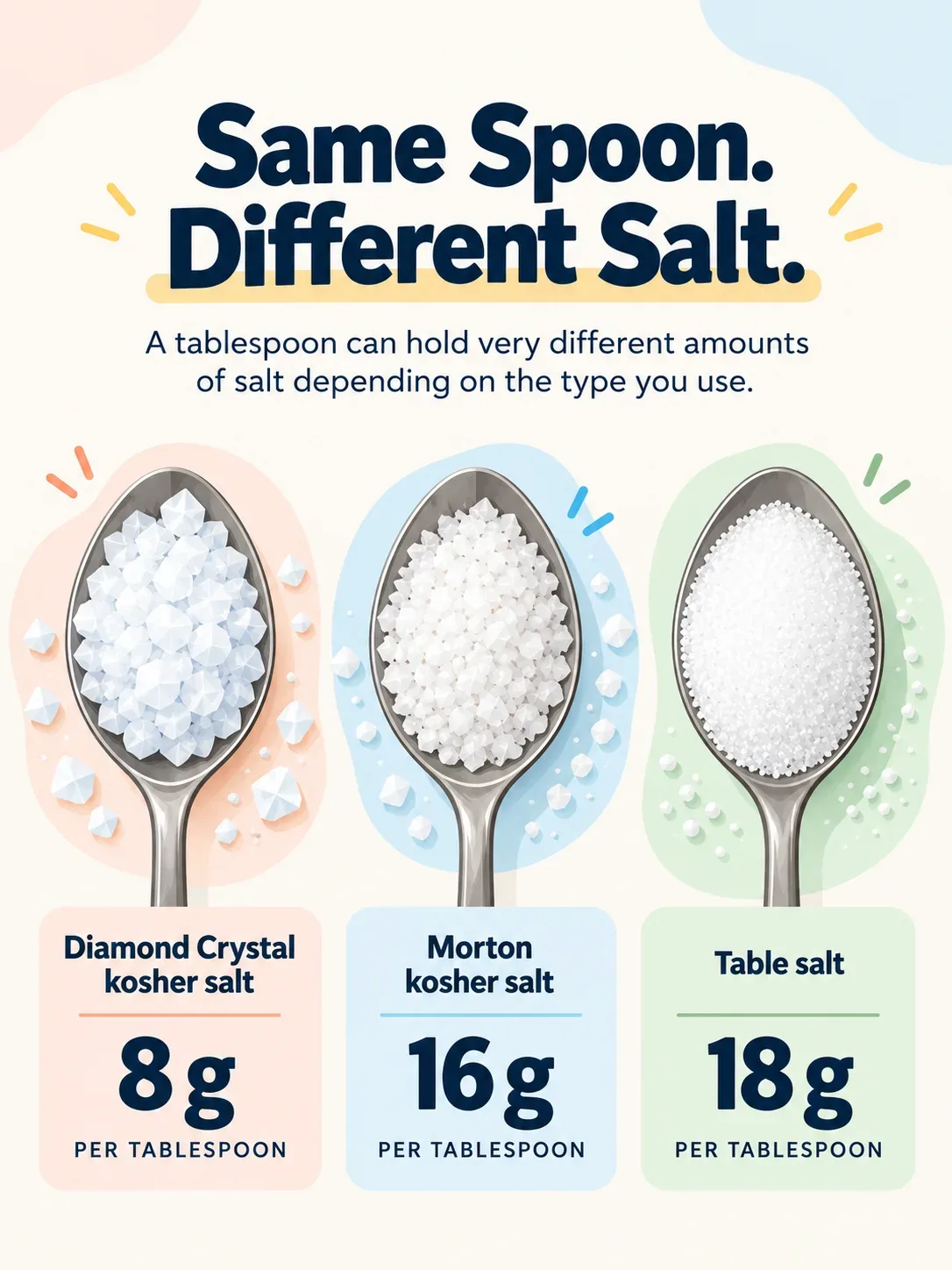 Illustration comparing one tablespoon of Diamond Crystal kosher salt (8 g), Morton kosher salt (16 g), and table salt (18 g).