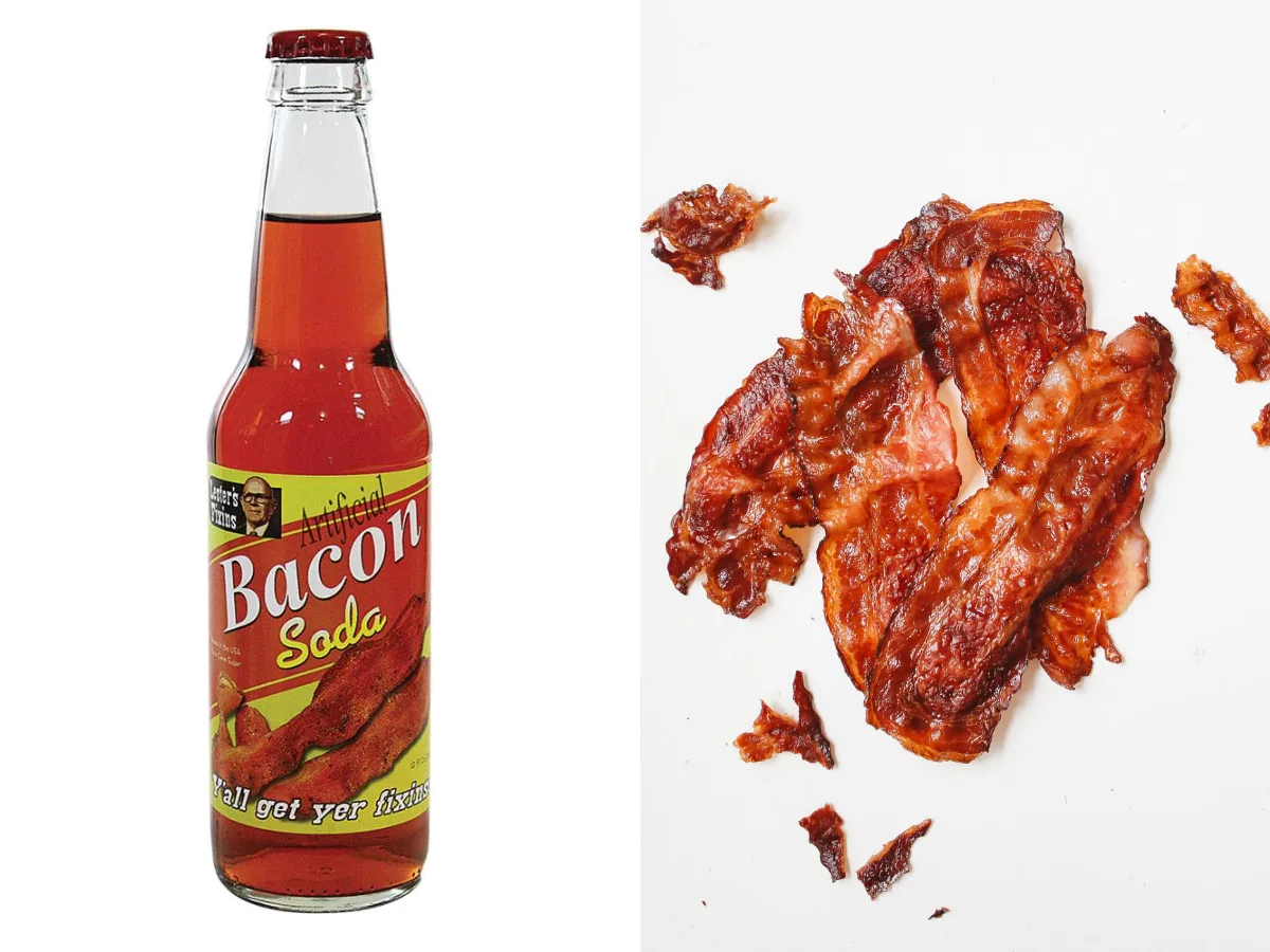 Bottle of Lester's Fixins Bacon Soda, a bacon-flavored carbonated soft drink.