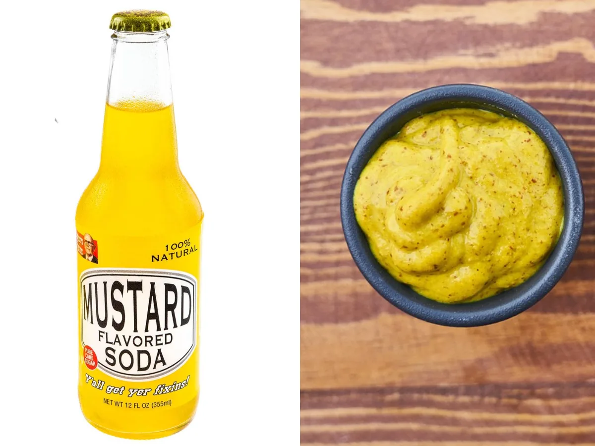Bottle of Lester's Fixins Mustard Soda, a mustard-flavored novelty drink.