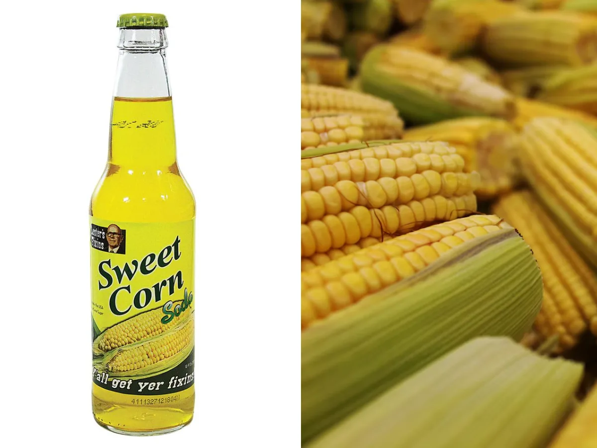 Bottle of Lester's Fixins Sweet Corn Soda, a corn-flavored novelty soft drink.