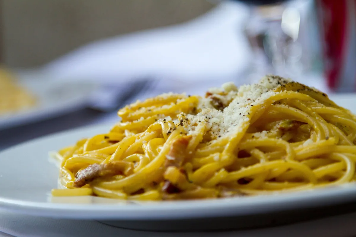 Spaghetti carbonara with Pecorino Romano cheese and cured pork