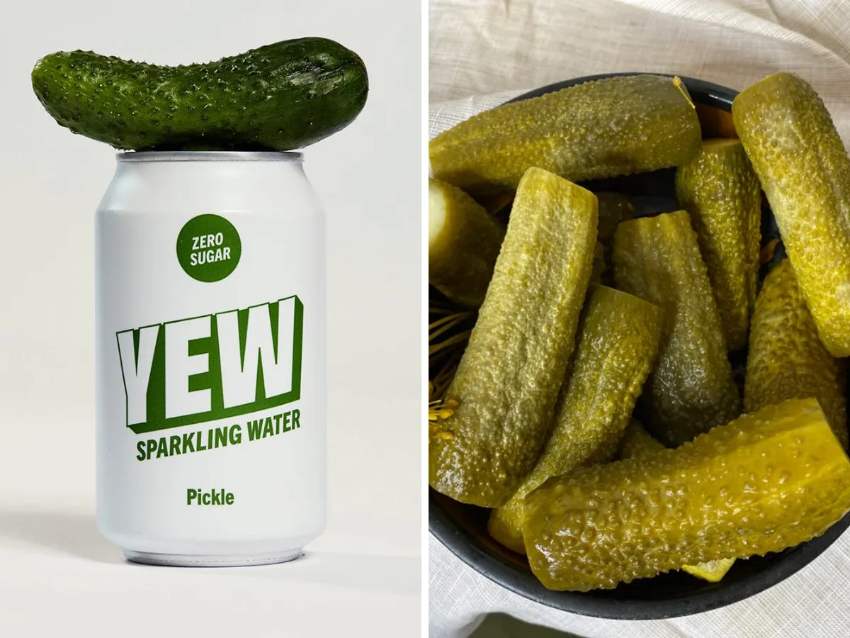 Can of YEW Pickle Sparkling Water flavored with cucumber and dill pickle.